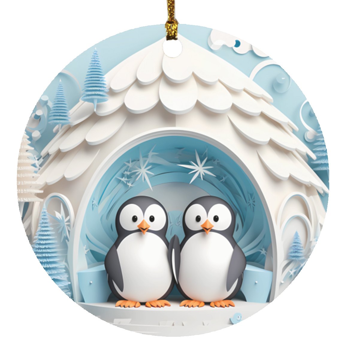 Playful Penguins Cave: 2.75” Circle Ornament